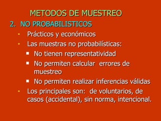 2.  NO PROBABILISTICOS Prácticos y económicos Las muestras no probabilísticas:  No tienen representatividad No permiten calcular  errores de muestreo No permiten realizar inferencias válidas Los principales son:  de voluntarios, de casos (accidental), sin norma, intencional. METODOS DE MUESTREO 