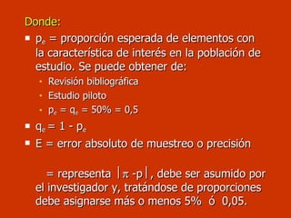 Donde: p e  = proporción esperada de elementos con la característica de interés en la población de estudio. Se puede obtener de:  Revisión bibliográfica Estudio piloto p e  = q e  = 50% = 0,5  q e  = 1 - p e   E = error absoluto de muestreo o precisión  = representa    -p  , debe ser asumido por el investigador y, tratándose de proporciones debe asignarse más o menos 5%  ó  0,05. 