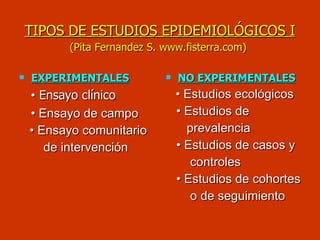 TIPOS DE   ESTUDIOS EPIDEMIOLÓGICOS I (Pita Fernandez S. www.fisterra.com)   EXPERIMENTALES •   Ensayo clínico •  Ensayo de campo •  Ensayo comunitario  de intervención NO EXPERIMENTALES •  Estudios ecológicos •  Estudios de  prevalencia •  Estudios de casos y  controles •  Estudios de cohortes  o de seguimiento 