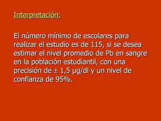 Interpretación: El número mínimo de escolares para realizar el estudio es de 115, si se desea estimar el nivel promedio de Pb en sangre en la población estudiantil, con una precisión de    1,5  µg/dl y un nivel de confianza de 95% . 