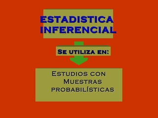 ESTADISTICA  INFERENCIAL Estudios con Muestras probabilísticas Se utiliza en: 