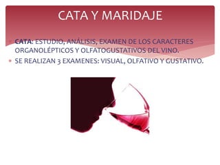  CATA: ESTUDIO, ANÁLISIS, EXAMEN DE LOS CARACTERES
ORGANOLÉPTICOS Y OLFATOGUSTATIVOS DEL VINO.
 SE REALIZAN 3 EXAMENES: VISUAL, OLFATIVO Y GUSTATIVO.
CATA Y MARIDAJE
 