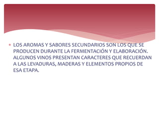  LOS AROMAS Y SABORES SECUNDARIOS SON LOS QUE SE
PRODUCEN DURANTE LA FERMENTACIÓN Y ELABORACIÓN.
ALGUNOS VINOS PRESENTAN CARACTERES QUE RECUERDAN
A LAS LEVADURAS, MADERAS Y ELEMENTOS PROPIOS DE
ESA ETAPA.
 