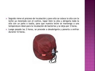  Seguido viene el proceso de incubación y para ello se coloca la olla con la
leche ya mezclada con el cultivo, tapar bien la olla y abrigarla toda la
olla con un paño o toalla, para que nuestra leche se mantenga a una
temperatura ideal para la incubación de bacterias y se deja por 3 horas.
 Luego pasado las 3 horas, se procede a desabrigarla y ponerla a enfriar
durante 12 horas.
 