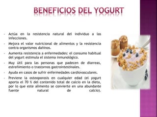 • Actúa en la resistencia natural del individuo a las
infecciones.
• Mejora el valor nutricional de alimentos y la resistencia
contra organismos dañinos.
• Aumenta resistencia a enfermedades: el consumo habitual
del yogurt estimula el sistema inmunológico.
• Muy útil para las personas que padecen de diarreas,
estreñimiento o trastornos gastrointestinales.
• Ayuda en casos de sufrir enfermedades cardiovasculares.
• Previene la osteoporosis en cualquier edad (el yogurt
aporta el 70 % del contenido total de calcio en la dieta,
por lo que este alimento se convierte en una abundante
fuente natural de calcio).
 