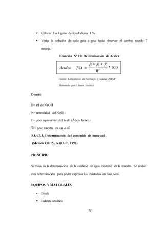  Colocar 3 o 4 gotas de fenoftaleina 1 % 
 Verter la solución de soda gota a gota hasta observar el cambio rosado 7 
Acidez (%)  * 100 
70 
naranja. 
Ecuación Nº 21: Determinación de Acidez 
Fuente: Laboratorio de Nutrición y Calidad INIAP 
Elaborado por: Liliana Jiménez 
Donde: 
B= ml de NaOH 
N= normalidad del NaOH 
E= peso equivalente del ácido (Ácido lactico) 
W= peso muestra en mg o ml 
3.1.4.7.3. Determinación del contenido de humedad 
(Método 930.15., A.O.A.C., 1996) 
PRINCIPIO 
Se basa en la determinación de la cantidad de agua existente en la muestra. Se realizó 
esta determinación para poder expresar los resultados en base seca. 
EQUIPOS Y MATERIALES 
 Estufa 
 Balanza analítica 
B * N * E 
W 
 