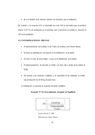  n: es el tamaño de la muestra (número de encuestas que se realizarán). 
De acuerdo a la ecuación (23) se determinó un n=de 366 lo cual indicó que el producto 
abarcó el 67,3% de aceptación en el mercado, para el proyecto en estudio se abarcará el 
  
 
79 
10% de la población. 
4.2. CONSIDERACIONES PREVIAS 
 El funcionamiento de la planta es de 5 días a la semana, por 8 horas diarias. 
 Se busca la optimización del espacio en la distribución de la planta. 
 Se evita el cruce de áreas limpia y sucia en la distribución de la planta. 
 El direccionamiento de mercado se realizó a la clase alta y media de la ciudad de 
Quito. 
 De acuerdo a las encuestas realizadas y la capacidad de las máquinas se estima 
una producción de 20.40 kg de pasta base 
A continuación se presenta la ecuación del punto equilibrio. 
Ecuación Nº 24: Determinación del punto de Equilibrio 
PE  
 
 
Fuente: Marcial, N. 2008 
Elaborado por: Liliana Jiménez 
 
CostoFijo  
Costo var iable 
 
 
1 
 
 Ventas  
 