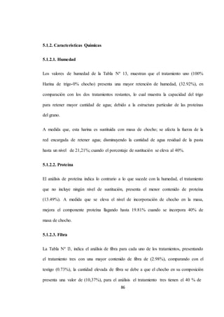 86 
5.1.2. Características Químicas 
5.1.2.1. Humedad 
Los valores de humedad de la Tabla Nº 13, muestran que el tratamiento uno (100% 
Harina de trigo-0% chocho) presenta una mayor retención de humedad, (32.92%), en 
comparación con los dos tratamientos restantes, lo cual muestra la capacidad del trigo 
para retener mayor cantidad de agua; debido a la estructura particular de las proteínas 
del grano. 
A medida que, esta harina es sustituida con masa de chocho; se afecta la fuerza de la 
red encargada de retener agua; disminuyendo la cantidad de agua residual de la pasta 
hasta un nivel de 21,21%; cuando el porcentaje de sustitución se eleva al 40%. 
5.1.2.2. Proteína 
El análisis de proteína indica lo contrario a lo que sucede con la humedad, el tratamiento 
que no incluye ningún nivel de sustitución, presenta el menor contenido de proteína 
(13.49%). A medida que se eleva el nivel de incorporación de chocho en la masa, 
mejora el componente proteína llagando hasta 19.81% cuando se incorpora 40% de 
masa de chocho. 
5.1.2.3. Fibra 
La Tabla Nº l3, indica el análisis de fibra para cada uno de los tratamientos, presentando 
el tratamiento tres con una mayor contenido de fibra de (2.98%), comparando con el 
testigo (0.73%), la cantidad elevada de fibra se debe a que el chocho en su composición 
presenta una valor de (10,37%), para el análisis el tratamiento tres tienen el 40 % de 
 