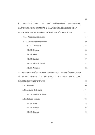vii 
pag 
5.1. DETERMINACIÓN DE LAS PROPIEDADES REOLÓGICAS, 
CARACTERÍSTICAS QUÍMICAS Y EL APORTE NUTRICIONAL DE LA 
PASTA BASE PARA PIZZA CON INCORPORACIÓN DE CHOCHO 81 
5.1.1. Propiedades reológicas 81 
5.1.2. Características Químicas 86 
5.1.2.1. Humedad 86 
5.1.2.2. Proteína 86 
5.1.2.3. Fibra 86 
5.1.2.4. Cenizas 87 
5.1.2.5. Extracto etéreo 87 
5.1.2.6. Minerales 88 
5.2. DETERMINACIÓN DE LOS PARÁMETROS TECNOLÓGICOS PARA 
EL PROCESAMIENTO DE LA PASTA BASE PARA PIZZA, CON 
INCORPORACIÓN DE CHOCHO 89 
5.2.1. Humedad 90 
5.2.2. Aspecto de la masa 91 
5.2.2.1. Color de la masa 91 
5.2.3. Calidad culinaria 93 
5.2.3.1. Peso 93 
5.2.3.2. Espesor 94 
5.2.3.3. Textura 95 
 