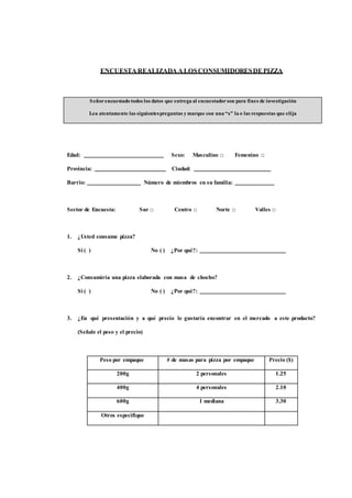 ENCUESTA REALIZADA A LOS CONSUMIDORES DE PIZZA 
Señor encuestado todos los datos que entrega al encuestador son para fines de investigación 
Lea atentamente las siguientes preguntas y marque con una “x” la o las respuestas que elija 
Edad: Sexo: Masculino □ Femenino □ 
Provincia: Ciudad: 
Barrio: Número de miembros en su familia: 
Sector de Encuesta: Sur □ Centro □ Norte □ Valles □ 
1. ¿Usted consume pizza? 
Si ( ) No ( ) ¿Por qué?: 
2. ¿Consumiría una pizza elaborada con masa de chocho? 
Si ( ) No ( ) ¿Por qué?: 
3. ¿En qué presentación y a qué precio le gustaría encontrar en el mercado a este producto? 
(Señale el peso y el precio) 
Peso por empaque # de masas para pizza por empaque Precio ($) 
200g 2 personales 1.25 
400g 4 personales 2.10 
600g 1 mediana 3.30 
Otros especifique 
 