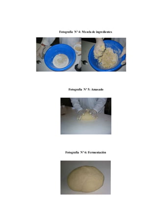 Fotografía Nº 4: Mezcla de ingredientes 
Fotografía Nº 5: Amasado 
Fotografía Nº 6: Fermentación 
 