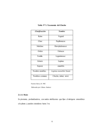Tabla No 1: Taxonomía del Chocho 
Clasificación Nombre 
Reino Vegetal 
Clase Papilionacea 
Subclase Dicotyledoneace 
Orden Fabacea 
Familia Leguminosae 
Género Lupinus 
Especie mutabilis 
Nombre científico Lupinus mutabilis Sweet 
Nombres comunes Chocho, tahuri, tarwi 
6 
Fuente: Gross, R. 1982 
Elaborado por: Liliana Jiménez 
2.1.1.1 Raíz: 
Es pivotante, profundizadora, con nudos nitrificantes que fijan el nitrógeno atmosférico 
a la planta y pueden extenderse hasta 3 m. 
 
