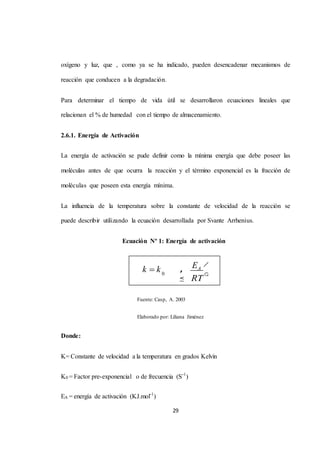 oxígeno y luz, que , como ya se ha indicado, pueden desencadenar mecanismos de 
EA k k 
exp 
29 
reacción que conducen a la degradación. 
Para determinar el tiempo de vida útil se desarrollaron ecuaciones lineales que 
relacionan el % de humedad con el tiempo de almacenamiento. 
2.6.1. Energía de Activación 
La energía de activación se pude definir como la mínima energía que debe poseer las 
moléculas antes de que ocurra la reacción y el término exponencial es la fracción de 
moléculas que poseen esta energía mínima. 
La influencia de la temperatura sobre la constante de velocidad de la reacción se 
puede describir utilizando la ecuación desarrollada por Svante Arrhenius. 
Ecuación Nº 1: Energía de activación 
 
 
Fuente: Casp, A. 2003 
Elaborado por: Liliana Jiménez 
Donde: 
K= Constante de velocidad a la temperatura en grados Kelvin 
K0 = Factor pre-exponencial o de frecuencia (S-1) 
EA = energía de activación (KJ.mol-1) 
 
0   
RT 
 
 
 