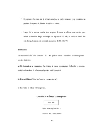  Se remueve la masa de la primera prueba, se vuelve amasar, y se considera un 
período de reposo de 30 min, se vuelve a estirar. 
 Luego de la tercera prueba, con un poco de masa se obtiene una muestra para 
volver a amasarla, luego de tiempo de reposo de 30 min, se vuelve a estirar. En 
esta forma, la masa está sometida a pruebas de 30, 60 y 90. 
IE= R/E 
36 
Evaluación 
Las tres mediciones más comunes en los gráficos masa - extensión o extensogramas 
son los siguientes: 
a) Resistencia a la extensión.- Se obtiene la curva en unidades Brabender o en cm., 
también el máximo 0 a 5 cm en el gráfico en Kymograph 
b) Extensibilidad.-Total de la curva en mm (ancho). 
c) Se evalúa el índice extensográfico. 
Ecuación Nº 4: Índice Extensográfico 
Fuente: Notas Ing Villacrés, E. 
Elaborado Por: Liliana Jiménez 
 
