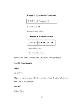 Ecuación Nº 19: Diferencia de Cromaticidad 
C *C * muestraC 
*es tandar 
60 
Fuente: Marcial, N. 2008 
Elaborado por: Liliana Jiménez 
Ecuación Nº 20: Diferencia de tono 
Fuente: Marcial, N. 2008 
Elaborado por: Liliana Jiménez 
Se tomó como estándar la muestra testigo (100% harina de trigo-60ml agua). 
3.1.2.9.3. Calidad culinaria 
a) Peso 
PRINCIPIO 
El peso es importante para poder determinar que cantidad de agua pierde la pasta 
base y cual es el peso adecuado. 
EQUIPO 
Balanza Técnica 
H *E *2 L *2 
C *2 0.5 
 