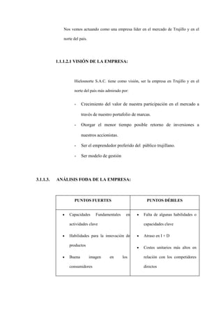Nos vemos actuando como una empresa líder en el mercado de Trujillo y en el

              norte del país.




           1.1.1.2.1 VISIÓN DE LA EMPRESA:



                    Hielosnorte S.A.C. tiene como visión, ser la empresa en Trujillo y en el

                    norte del país más admirado por:


                    -    Crecimiento del valor de nuestra participación en el mercado a

                         través de nuestro portafolio de marcas.

                    -    Otorgar el menor tiempo posible retorno de inversiones a

                         nuestros accionistas.

                    -    Ser el emprendedor preferido del público trujillano.

                    -    Ser modelo de gestión




3.1.1.3.   ANÁLISIS FODA DE LA EMPRESA:



                    PUNTOS FUERTES                           PUNTOS DÉBILES


                 Capacidades       Fundamentales     en     Falta de algunas habilidades o

                 actividades clave                          capacidades clave

                 Habilidades para la innovación de          Atraso en I + D

                 productos
                                                            Costes unitarios más altos en

                 Buena          imagen    en       los      relación con los competidores

                 consumidores                               directos
 