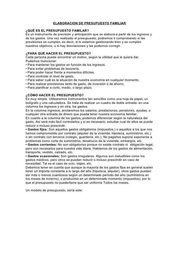 elaboracion de presupuesto familiar