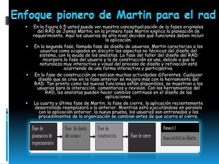    En la figura 6.5 usted puede ver nuestra conceptualización de la fases originales
      del RAD de James Martin; en la primera fase Martin explica la planeación de
    requerimiento. Aquí los usuarios de alto nivel deciden qué funciones deben incluir
                                         la aplicación.
    En la segunda fase, llamada fase de diseño de usuarios, Martin caracteriza a los
        usuarios como ocupados en discutir los aspectos no técnicos del diseño del
       sistema, con la ayuda de los analistas. La fase del taller del diseño del RAD
         incorpora la fase del usuario y la de construcción es una, debido a que la
        naturaleza muy interactiva y visual del proceso de diseño y refinación está
                    ocurriendo de una forma interactiva y participativa.
    En la fase de construcción se realizan muchas actividades diferentes. Cualquier
       diseño que se cree en la fase anterior se mejora más con la herramienta del
     RAD. Tan pronto como las nuevas funciones están disponibles, se muestran a los
      usuarios para la interacción, comentarios y revisión. Con las herramientas del
           RAD, los analistas pueden hacer cambios continuos en el diseño de las
                                         aplicaciones.
   La cuarta y última fase de Martin, la fase de cierre, la aplicación recientemente
     desarrollada reemplazará a la anterior. Mientras está ejecutándose en paralelo
       con la aplicación anterior, la nueva prueba, los usuarios son entrenados y los
       procedimientos de la organización se cambian antes de que ocurra el cierre.
 