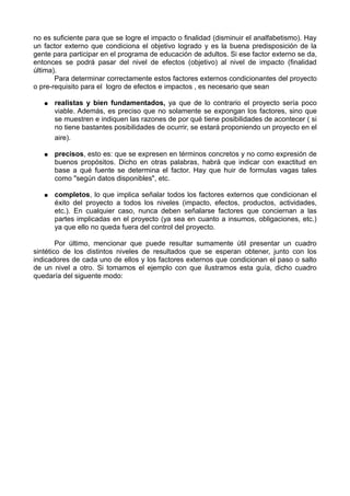 no es suficiente para que se logre el impacto o finalidad (disminuir el analfabetismo). Hay
un factor externo que condiciona el objetivo logrado y es la buena predisposición de la
gente para participar en el programa de educación de adultos. Si ese factor externo se da,
entonces se podrá pasar del nivel de efectos (objetivo) al nivel de impacto (finalidad
última).
Para determinar correctamente estos factores externos condicionantes del proyecto
o pre-requisito para el logro de efectos e impactos , es necesario que sean
● realistas y bien fundamentados, ya que de lo contrario el proyecto sería poco
viable. Además, es preciso que no solamente se expongan los factores, sino que
se muestren e indiquen las razones de por qué tiene posibilidades de acontecer ( si
no tiene bastantes posibilidades de ocurrir, se estará proponiendo un proyecto en el
aire).
● precisos, esto es: que se expresen en términos concretos y no como expresión de
buenos propósitos. Dicho en otras palabras, habrá que indicar con exactitud en
base a qué fuente se determina el factor. Hay que huir de formulas vagas tales
como "según datos disponibles", etc.
● completos, lo que implica señalar todos los factores externos que condicionan el
éxito del proyecto a todos los niveles (impacto, efectos, productos, actividades,
etc.). En cualquier caso, nunca deben señalarse factores que conciernan a las
partes implicadas en el proyecto (ya sea en cuanto a insumos, obligaciones, etc.)
ya que ello no queda fuera del control del proyecto.
Por último, mencionar que puede resultar sumamente útil presentar un cuadro
sintético de los distintos niveles de resultados que se esperan obtener, junto con los
indicadores de cada uno de ellos y los factores externos que condicionan el paso o salto
de un nivel a otro. Si tomamos el ejemplo con que ilustramos esta guía, dicho cuadro
quedaría del siguente modo:
 