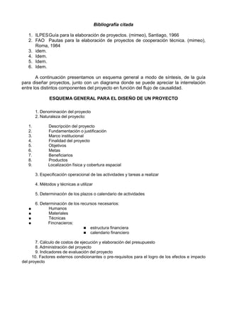 Bibliografía citada
1. ILPESGuía para la elaboración de proyectos. (mimeo), Santiago, 1966
2. FAO Pautas para la elaboración de proyectos de cooperación técnica. (mimeo),
Roma, 1984
3. idem.
4. Idem.
5. Idem.
6. Idem.
A continuación presentamos un esquema general a modo de síntesis, de la guía
para diseñar proyectos, junto con un diagrama donde se puede apreciar la interrelación
entre los distintos componentes del proyecto en función del flujo de causalidad.
ESQUEMA GENERAL PARA EL DISEÑO DE UN PROYECTO
1. Denominación del proyecto
2. Naturaleza del proyecto:
1. Descripción del proyecto
2. Fundamentación o justificación
3. Marco institucional
4. Finalidad del proyecto
5. Objetivos
6. Metas
7. Beneficiarios
8. Productos
9. Localización física y cobertura espacial
3. Especificación operacional de las actividades y tareas a realizar
4. Métodos y técnicas a utilizar
5. Determinación de los plazos o calendario de actividades
6. Determinación de los recursos necesarios:
● Humanos
● Materiales
● Técnicas
● Fincnacieros:
■ estructura financiera
■ calendario financiero
7. Cálculo de costos de ejecución y elaboración del presupuesto
8. Administración del proyecto
9. Indicadores de evaluación del proyecto
10. Factores externos condicionantes o pre-requisitos para el logro de los efectos e impacto
del proyecto
 