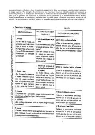 que va del objetivo (efectos) a fines (impacto), la etapa inferior debe ser necesaria y suficiente para alcanzar
la etapa superior. Por ejemplo: el suministro de los insumos o recursos indicados debe ser necesario y
suficiente para que se realicen las actividades; la realización de las actividades es necesaria y suficiente
para que se generen los productos; la obtención de los productos y el acontecimiento del (o de los)
factor(es) externos(s) es necesario y suficiente para lograr las metas y objetivos propuestos; el logro de los
efectos y el acontecimiento del factor externo es necesario y suficiente para lograr el impacto del proyecto.
 