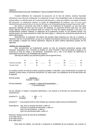 ANEXO 5
CRITERIOS PARA EVALUAR, PRIORIZAR Y SELECCIONAR PROYECTOS
Cuando hablamos de evaluación de proyectos en la fase de diseño, estamos haciendo
referencia a una clase de evaluación: la evaluación ex-ante. Esta modalidad como su denominación
misma indica, se efectúa antes de la ejecución del proyecto, y tiene por objetivo investigar el diseño
del proyecto, su coherencia interna, su grado de adaptabilidad al contexto, etc.( Se puede ampliar
información sobre este tema en Evaluación de programas de trabajo social, de Ezequiel Ander-Egg, Humanitas, Buenos Aires, 1989.)
No vamos a mencionar aquí todo lo relativo a la evaluación de proyectos, ya que esto sería
apartarnos bastante del tema que nos ocupa. Sin embargo, no queremos terminar esta guía, sin antes
indicar algunos criterios que conviene tener en cuenta a la hora de evaluar proyectos, y de cara a su
fundamentación posterior. Además, la realización de la evaluación ex-ante, en sus diversas formas, nos
permite ajustar con mayor precisión la matriz del marco lógico, y efectuar las correcciones oportunas en el
diseño del proyecto.
Generalmente, la evaluación del diseño del proyecto debe realizarse por más de un sistema, o
utilizando más de un procedimiento, ya que al no tratarse de proyectos económicos, la evaluación se hace
más compleja y requiere de criterios específicos. Algunos de estos criterios específicos pueden ser los
siguentes:
Análisis de costo-beneficio
Este procedimiento es fundamental cuando se trata de proyectos productivos (granja, taller
artesanal, cooperativa, etc.). Consiste en analizar en cada momento o fase del proyecto (y luego en su
conjunto) el nivel de costos y de beneficios, comparando uno y otro a los efectos de determinar la
oportunidad económica y de rentabilidad del proyecto.
Este tipo de análisis que podríamos graficar de la siguente forma,
B1 B2 B3 B4 ................... Bn
Momento cero (MO) M1 ............ M2 ............. M3 ................ M4 ................... Mn
Inversión inicial C1 C2 C3 C4 ................... Cn
se complica cuando se trata de evaluar proyectos sociales o culturales, cuyos rendimientos no pueden ser
medidos muchas veces, en términos económicos. En estos casos, una adaptación de la fórmula podría ser
la siguente:
fórmula simple: Beneficios
inversión + costos
fórmula adaptada: nversión + costos de funcionamiento
nº de beneficiarios
Así por ejemplo, si existen 4 proyectos alternativos, y de acuerdo a la fórmula nos encontramos que los
proyectos son:
proyecto A = I + CF = 100 = 2
Nº benef. 50
proyecto B = 3 (el proyecto de B es más rentable que A porque cuesta nenos por beneficiario)
Supongamos que A es un proyecto de salud, y sale a 4
que B es un proyecto de educación, y sale a 3
que C es de recreación, y sale a 1
que D es para tercera edad, y sale a 2,
Entonces, desde el punto de vista de la rentabilidad:
C es mejor que D,
D es mejor que B, y
B es mejor que A.
Esta clase de análisis, nos permite ir evaluando la rentabilidad de los proyectos, aún cuando no
 