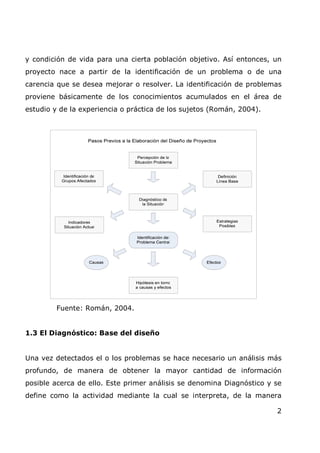 y condición de vida para una cierta población objetivo. Así entonces, un
proyecto nace a partir de la identificación de un problema o de una
carencia que se desea mejorar o resolver. La identificación de problemas
proviene básicamente de los conocimientos acumulados en el área de
estudio y de la experiencia o práctica de los sujetos (Román, 2004).




         Fuente: Román, 2004.


1.3 El Diagnóstico: Base del diseño


Una vez detectados el o los problemas se hace necesario un análisis más
profundo, de manera de obtener la mayor cantidad de información
posible acerca de ello. Este primer análisis se denomina Diagnóstico y se
define como la actividad mediante la cual se interpreta, de la manera

                                                                       2
 