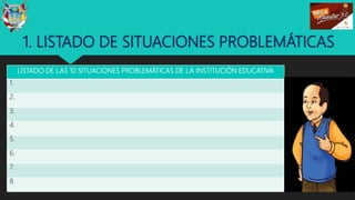 1. LISTADO DE SITUACIONES PROBLEMÁTICAS
LISTADO DE LAS 10 SITUACIONES PROBLEMÁTICAS DE LA INSTITUCIÓN EDUCATIVA
1.
2.
3.
4.
5.
6.
7.
8. 17
 