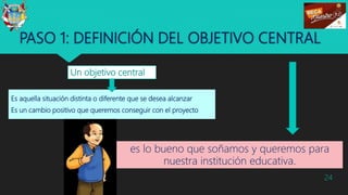 PASO 1: DEFINICIÓN DEL OBJETIVO CENTRAL
Es aquella situación distinta o diferente que se desea alcanzar
Es un cambio positivo que queremos conseguir con el proyecto
24
Un objetivo central
es lo bueno que soñamos y queremos para
nuestra institución educativa.
 