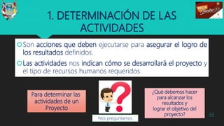 1. DETERMINACIÓN DE LAS
ACTIVIDADES
Son acciones que deben ejecutarse para asegurar el logro de
los resultados definidos.
Las actividades nos indican cómo se desarrollará el proyecto y
el tipo de recursos humanos requeridos.
33
Para determinar las
actividades de un
Proyecto
Nos preguntamos
¿Qué debemos hacer
para alcanzar los
resultados y
lograr el objetivo del
proyecto?
 