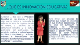¿QUÉ ES INNOVACIÓN EDUCATIVA?
Carbonell J. dice que la Innovación
Educativa es un proceso, un largo
viaje, que se detiene a contemplar la
vida en las aulas, la organización de
los centros, la dinámica de la
comunidad educativa y la cultura
profesional del profesorado. Su
propósito es alterar la realidad vigente,
modificar concepciones y actitudes,
métodos e intervenciones para
mejorar o transformar los procesos de
enseñanza y aprendizaje. 5
Para Rimari, son procesos de
cambio que realizan los docentes
en sus prácticas pedagógicas, en
las áreas del currículum, la
didáctica, los materiales
educativos, la evaluación, el clima
escolar, la gestión y otros, con la
finalidad de lograr mejoras
cualitativas y cuantitativas con la
participación activa de alumnos/as
y padres de familia.
 