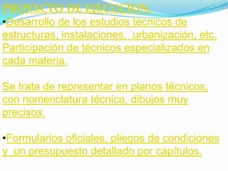 PROYECTO DE EJECUCION.
•Desarrollo de los estudios técnicos de
estructuras, instalaciones, urbanización, etc.
Participación de técnicos especializados en
cada materia.

Se trata de representar en planos técnicos,
con nomenclatura técnica, dibujos muy
precisos.

•Formularios oficiales, pliegos de condiciones
y un presupuesto detallado por capítulos.
 