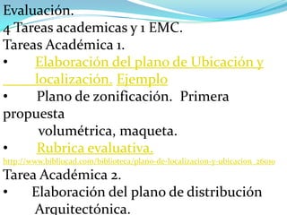 Evaluación.
4 Tareas academicas y 1 EMC.
Tareas Académica 1.
•    Elaboración del plano de Ubicación y
     localización. Ejemplo
•    Plano de zonificación. Primera
propuesta
      volumétrica, maqueta.
•    Rubrica evaluativa.
http://www.bibliocad.com/biblioteca/plano-de-localizacion-y-ubicacion_26010
Tarea Académica 2.
•   Elaboración del plano de distribución
     Arquitectónica.
 
