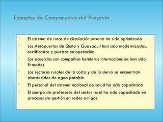 112
Ejemplos de Componentes del Proyecto
 El sistema de rutas de circulación urbana ha sido optimizado
 Los Aeropuertos de Quito y Guayaquil han sido modernizados,
certificados y puestos en operación
 Los acuerdos con compañías hoteleras internacionales han sido
firmados
 Los sectores rurales de la costa y de la sierra se encuentran
abastecidos de agua potable
 El personal del sistema nacional de salud ha sido capacitado
 El cuerpo de profesores del sector rural ha sido capacitado en
procesos de gestión en redes amigas
 