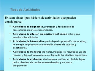 115
Tipos de Actividades
 Actividades de diagnóstico, promoción y focalización de
necesidades, usuarios o beneficiarios.
 Actividades de difusión promoción y motivación entre y con
usuarios o beneficiarios.
 Actividades de intervención que incluyen la prestación de servicios,
la entrega de productos y la atención directa de usuarios y
beneficiarios.
 Actividades de monitoreo de metas, indicadores, resultados, uso de
recursos y logros involucrados en el logro de los objetivos específicos.
 Actividades de evaluación destinadas a verificar el nivel de logro
de los objetivos de resultados considerados y sus metas
programadas
Existen cinco tipos básicos de actividades que pueden
considerarse:
 