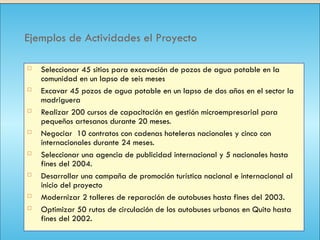 116
Ejemplos de Actividades el Proyecto
 Seleccionar 45 sitios para excavación de pozos de agua potable en la
comunidad en un lapso de seis meses
 Excavar 45 pozos de agua potable en un lapso de dos años en el sector la
madriguera
 Realizar 200 cursos de capacitación en gestión microempresarial para
pequeños artesanos durante 20 meses.
 Negociar 10 contratos con cadenas hoteleras nacionales y cinco con
internacionales durante 24 meses.
 Seleccionar una agencia de publicidad internacional y 5 nacionales hasta
fines del 2004.
 Desarrollar una campaña de promoción turística nacional e internacional al
inicio del proyecto
 Modernizar 2 talleres de reparación de autobuses hasta fines del 2003.
 Optimizar 50 rutas de circulación de los autobuses urbanos en Quito hasta
fines del 2002.
 