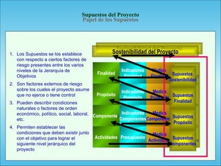 139
Sostenibilidad del Proyecto
Sostenibilidad del Proyecto
Actividades
Componentes
Propósito
Finalidad
Presupuesto
Indicadores
Componentes
Indicadores
Propósito
Indicadores
Finalidad
Medios
Actividades
Medios
Componentes
Medios
Propósito
Medios
Finalidad
Supuestos
Componentes
Supuestos
Propósito
Supuestos
Finalidad
Supuestos
Sostenibilidad
Supuestos
Componentes
Supuestos
Propósito
Supuestos
Finalidad
Supuestos
Sostenibilidad
1. Los Supuestos se los establece
con respecto a ciertos factores de
riesgo presentes entre los varios
niveles de la Jerarquía de
Objetivos
2. Son factores externos de riesgo
sobre los cuales el proyecto asume
que no ejerce o tiene control
3. Pueden describir condiciones
naturales o factores de orden
económico, político, social, laboral,
etc.
4. Permiten establecer las
condiciones que deben existir junto
con el objetivo para lograr el
siguiente nivel jerárquico del
proyecto
Supuestos del Proyecto
Papel de los Supuestos
 