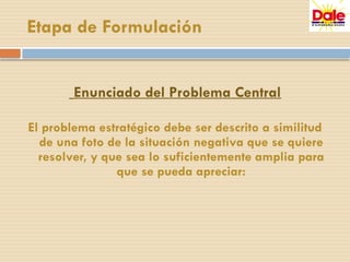 Enunciado del Problema Central
El problema estratégico debe ser descrito a similitud
de una foto de la situación negativa que se quiere
resolver, y que sea lo suficientemente amplia para
que se pueda apreciar:
Etapa de Formulación
 