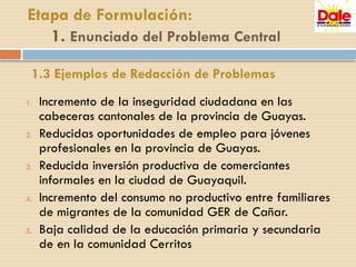 1. Incremento de la inseguridad ciudadana en las
cabeceras cantonales de la provincia de Guayas.
2. Reducidas oportunidades de empleo para jóvenes
profesionales en la provincia de Guayas.
3. Reducida inversión productiva de comerciantes
informales en la ciudad de Guayaquil.
4. Incremento del consumo no productivo entre familiares
de migrantes de la comunidad GER de Cañar.
5. Baja calidad de la educación primaria y secundaria
de en la comunidad Cerritos
Etapa de Formulación:
1. Enunciado del Problema Central
1.3 Ejemplos de Redacción de Problemas
 