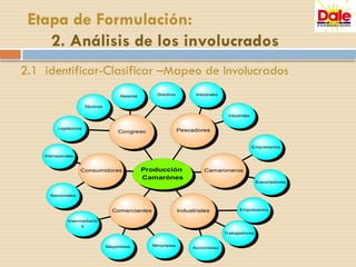 Pescadores
Camaroneros
Industriales
Comerciantes
Consumidores
Congreso
Industriales
Empresarios
Accionistas
Intermediario
s
Nacionales
Internacionales
Artezanales
Directivos
Legisladores
Minoristas
Mayoristas
Trabajadores
Empresarios
Exportadores
Asesores
Electores
Producción
Camarónes
2.1 identificar-Clasificar –Mapeo de Involucrados
Etapa de Formulación:
2. Análisis de los involucrados
 