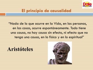 El principio de causalidad
“Nada de lo que ocurre en la Vida, en las personas,
en las cosas, ocurre espontáneamente. Todo tiene
una causa, no hay causa sin efecto, ni efecto que no
tenga una causa, en lo físico y en lo espiritual”
Aristóteles
 