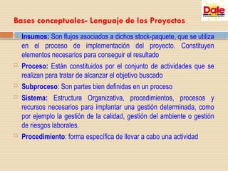 Bases conceptuales- Lenguaje de los Proyectos
 Insumos: Son flujos asociados a dichos stock-paquete, que se utiliza
en el proceso de implementación del proyecto. Constituyen
elementos necesarios para conseguir el resultado
 Proceso: Están constituidos por el conjunto de actividades que se
realizan para tratar de alcanzar el objetivo buscado
 Subproceso: Son partes bien definidas en un proceso
 Sistema: Estructura Organizativa, procedimientos, procesos y
recursos necesarios para implantar una gestión determinada, como
por ejemplo la gestión de la calidad, gestión del ambiente o gestión
de riesgos laborales.
 Procedimiento: forma específica de llevar a cabo una actividad
 