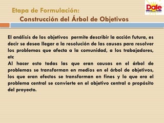 El análisis de los objetivos permite describir la acción futura, es
decir se desea llegar a la resolución de las causas para resolver
los problemas que afecta a la comunidad, a los trabajadores,
etc
Al hacer esto todas las que eran causas en el árbol de
problemas se transforman en medios en el árbol de objetivos,
los que eran efectos se transforman en fines y lo que era el
problema central se convierte en el objetivo central o propósito
del proyecto.
Etapa de Formulación:
Construcción del Árbol de Objetivos
 