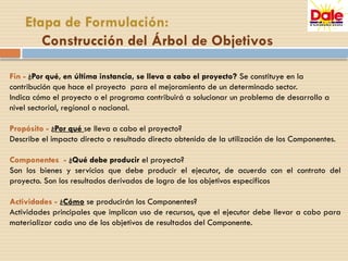 Fin - ¿Por qué, en última instancia, se lleva a cabo el proyecto? Se constituye en la
contribución que hace el proyecto para el mejoramiento de un determinado sector.
Indica cómo el proyecto o el programa contribuirá a solucionar un problema de desarrollo a
nivel sectorial, regional o nacional.
Propósito - ¿Por qué se lleva a cabo el proyecto?
Describe el impacto directo o resultado directo obtenido de la utilización de los Componentes.
Componentes - ¿Qué debe producir el proyecto?
Son los bienes y servicios que debe producir el ejecutor, de acuerdo con el contrato del
proyecto. Son los resultados derivados de logro de los objetivos específicos
Actividades - ¿Cómo se producirán los Componentes?
Actividades principales que implican uso de recursos, que el ejecutor debe llevar a cabo para
materializar cada uno de los objetivos de resultados del Componente.
Etapa de Formulación:
Construcción del Árbol de Objetivos
 
