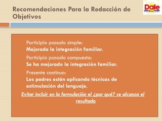 Recomendaciones Para la Redacción de
Objetivos
• Participio pasado simple:
Mejorada la integración familiar.
• Participio pasado compuesto:
Se ha mejorado la integración familiar.
• Presente continuo:
Los padres están aplicando técnicas de
estimulación del lenguaje.
Evitar incluir en la formulación el ¿por qué? se alcanza el
resultado
 