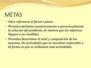 METAS
 Hace referencia al factor cuánto.
 Permiten delimitar numéricamente o porcentualmente
  la solución del problema, de manera que los objetivos
  lleguen a ser medibles.
 Permiten determinar el nivel y composición de los
  insumos, las actividades que se necesitan emprender y
  la forma en que se realizaran esas actividades.
 