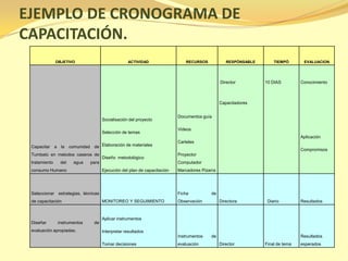 EJEMPLO DE CRONOGRAMA DE
CAPACITACIÓN.
               OBJETIVO                              ACTIVIDAD                   RECURSOS            RESPÒNSABLE       TIEMPÒ       EVALUACION




                                                                                                  Director         10 DIAS         Conocimiento



                                                                                                  Capacitadores


                                                                             Documentos guía
                                        Socialisación del proyecto

                                                                             Videos
                                        Selección de temas
                                                                                                                                   Aplicación
                                                                             Carteles
 Capacitar a la comunidad de Elaboración de materiales
                                                                                                                                   Compromisos
 Tumbatú en metodos caseros de                                               Proyector
                                        Diseño metodológico
 tratamiento     del   agua     para                                         Computador
 consumo Humano                         Ejecución del plan de capacitación   Marcadores Pizarra




 Seleccionar    estrategias, técnicas                                        Ficha           de
 de capacitación                        MONITOREO Y SEGUIMIENTO              Observación          Directora         Diario         Resultados



                                        Aplicar instrumentos
 Diseñar        instrumentos      de
 evaluación apropiadas.                 Interpretar resultados
                                                                             Instrumentos    de                                    Resultados
                                        Tomar decisiones                     evaluación           Director         Final de tema   esperados
 