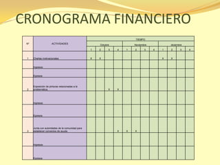 CRONOGRAMA FINANCIERO
                                                                         TIEMPO
 Nº                   ACTIVIDADES                      Octubre           Noviembre           diciembre
                                                   1   2     3   4   1   2      3    4   1   2      3    4


 1    Charlas motivacionales                       X   X                                 X   X


      Ingresos


      Egresos



      Exposición de pinturas relacionadas a la
 2    problemática.                                          X   X




      Ingresos




      Egresos




      Junta con autoridades de la comunidad para
 3    establecer convenios de ayuda.                             X   X   X




      Ingresos




      Egresos
 