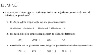 EJEMPLO:
• Una empresa investiga las actitudes de los trabajadores en relación con el
salario que perciben:”
1. El año pasado la empresa obtuvo una ganancia neta de:
10 millones ( )25millones ( ) 50millones ( ) 100millones ( )
2. Los sueldos de esta empresa representan de los gastos totales el:
10% ( ) 20% ( ) 50% ( ) 75% ( )
3. En relación con las ganancias netas, los gastos por servicios sociales representan el:
17% ( ) 23% ( ) 50 % ( ) 80 % ( )
 
