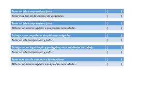 Tener un jefe comprensivo y justo ( )
Tener mas dias de descanso y de vacaciones ( )
Tener un jefe comprensivo y justo ( )
Obtener un salario superior a sus propias necesidades ( )
Trabajar con compañeros simpáticos y amigables ( )
Tener un jefe comprensivo y justo ( )
Trabajar en un lugar limpio y protegido contra accidentes de trabajo ( )
Tener un jefe comprensivo y justo ( )
Tener mas días de descanzo y de vacaciones ( )
Obtener un salario superior a sus propias necesidades ( )
 